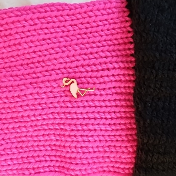 Bright Pink and black knit beanie hat adult sz with POM and Flamingo - Picture 3 of 8